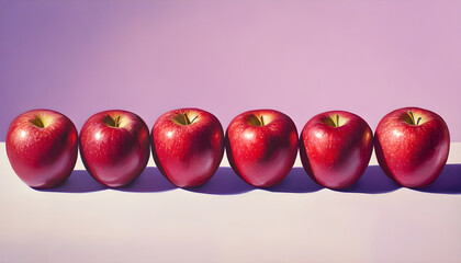 Eight dramatically Lit Apples with Heavy Shadows on Lilac Backdrop