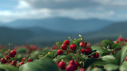 Lush strawberry field with ripe fruit against a backdrop of blue mountains under a partly cloudy sky.