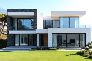 front view of modern white house with large windows and landscaped yard under clear blue sky. real estate concept