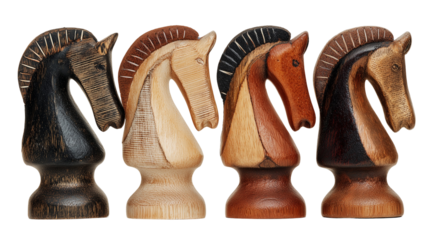 Four wooden knight chess pieces displayed