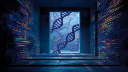 Futuristic laboratory interior with dna model and code