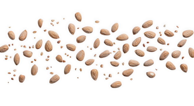 Scattered almonds isolated on transparent background