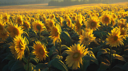Obraz premium Vibrant sunflowers stretch towards the sunlight, creating a sea of gold across the expansive field.