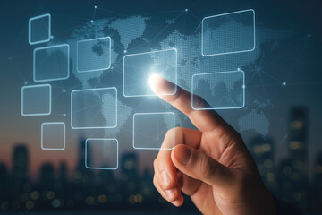 Obraz premium Finger Touching Glowing Digital Interface with World Map and Cityscape technology