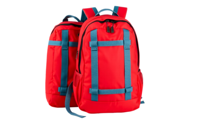 Two Red Backpacks with Blue Accents