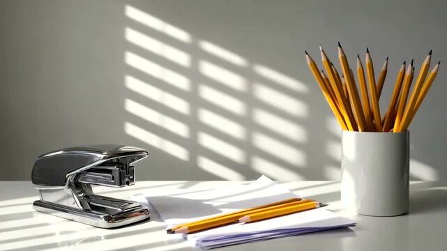 A bright office desk scene featuring a stapler, pencils in a cup, and scattered papers with shadows