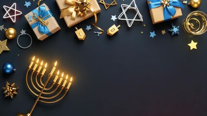 Golden menorah with candles, gifts, dreidels, and stars of david create festive hanukkah border. - Powered by Adobe