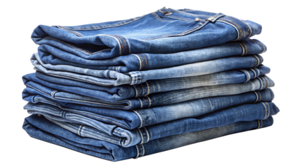 Stack of folded blue denim jeans isolated on transparent background, showcasing casual fashion and trendy apparel for retail display