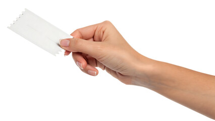Fototapeta premium Hand holding a small sheet of paper ticket flyer isolated PNG. AI GENERATED. 