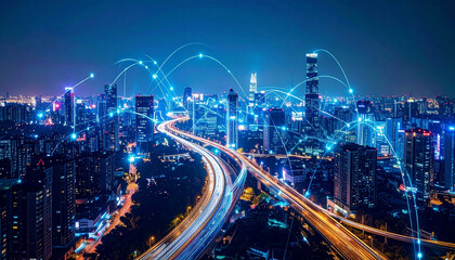 Futuristic Metropolis at Night with High-Speed Data Connections, Illuminated Cityscape with Technological Network Visualization Overlay