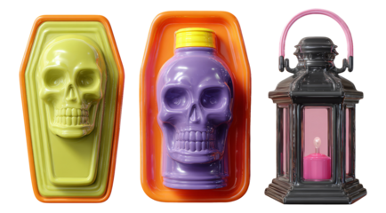 Colorful Halloween Skull Collection in Coffin Shapes with Lantern on Transparent Background
