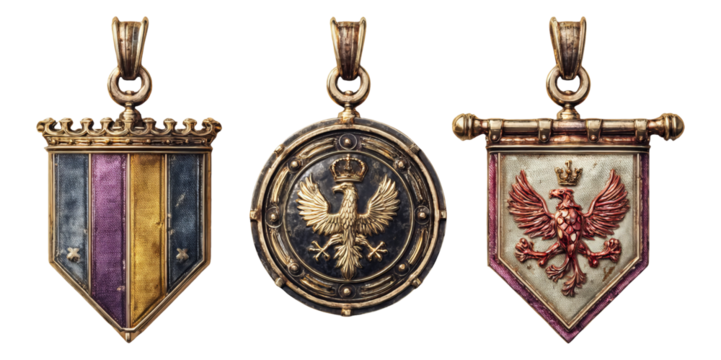 Three Distinctive Gold Medals with Unique Designs on Transparent Background