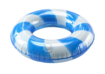 Blue and white striped inflatable ring.  Round,  inflatable pool toy. Summer fun