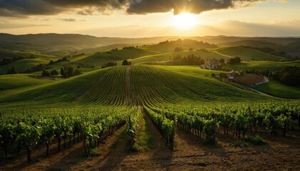 Fototapeta premium Tuscany vineyard rows at sunset golden hour. Idyllic Italian landscape with rolling green hills, grape agriculture, and scenic wine tourism. Peaceful rural countryside, tranquil vacation destination.