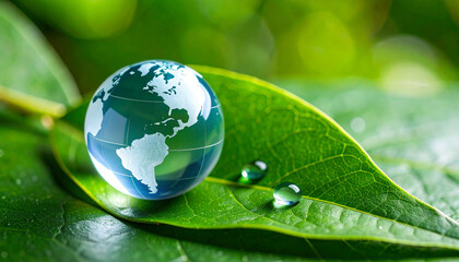 A World in Harmony: Crystal Globe Resting on a Vibrant Green Leaf with Dewdrops, Symbol of Global Ecology, Symbol of Harmony Between Nature and Technology Represented by a Globe