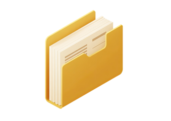 A mustard-yellow folder, isometric view, filled with pale-cream documents
