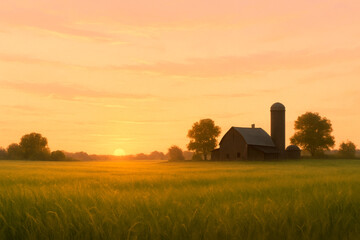 Fototapeta premium Rustic barn and silo in a golden field at sunset with orange sky and soft sun farm farmhouse