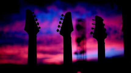 Three electric guitar silhouettes against a vibrant twilight sky with pink, purple, blue, and orange hues,