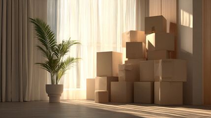 Moving day with stacked cardboard boxes next to a plant, sunlight streaming through window coverings.