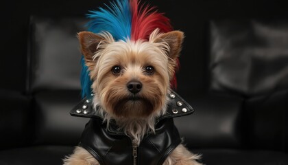 Yorkshire Terrier with vibrant blue, red mohawk hairstyle wears studded black leather jacket. Confident dog poses indoors against dark background. Unique pet fashion, stylish canine portrait, playful