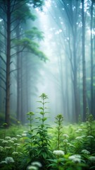 Obraz premium Misty forest with medicinal herbs in focus