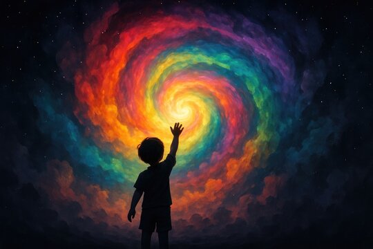 Silhouette of a child reaching towards a vibrant rainbow colored cosmic nebula swirl in a starry night sky