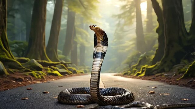 A majestic cobra poised in the middle of a misty forest pathway, surrounded by towering trees and soft light