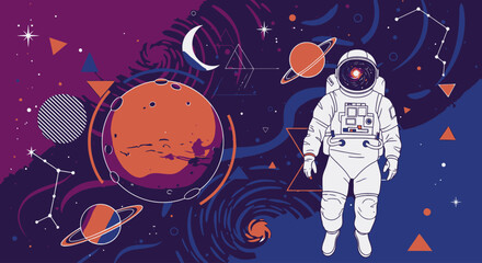 Fototapeta premium Surreal Cosmic Exploration Artwork Featuring Astronaut and Celestial Bodies for Science Education, Space Enthusiasts, and Futuristic Design Projects