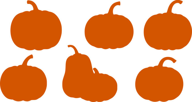 Pumpkins vector collection, symbol Halloween, autumn, crop, thanksgiving day, fruitful year silhouette on white background, Vector illustration