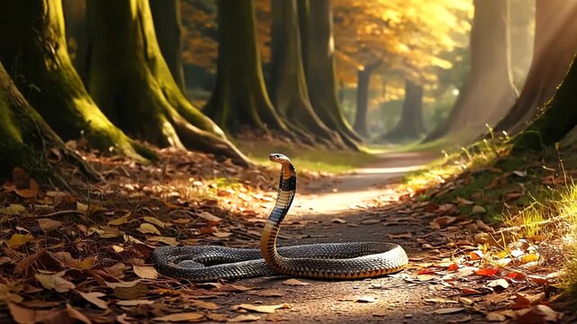 A majestic snake poised on a forest path, surrounded by vibrant autumn foliage and sunlight
