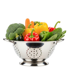 Fresh assorted vegetables in a metal colander isolated on transparent background