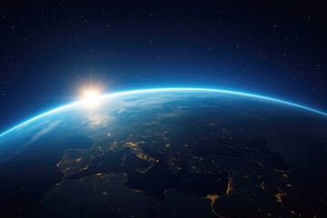 Sunrise over Europe from space with city lights and starry sky earth stars