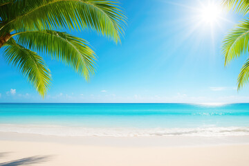 Tropical Paradise Beach with Palm Trees and Bright Sun ocean