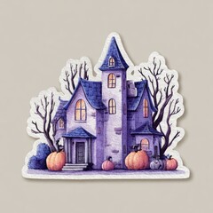 A sticker of purple haunted house surrounded by trees and pumpkins, in a cartoon style