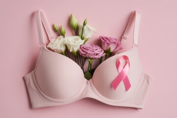 Pink bra with flowers and breast cancer awareness ribbon on pink background