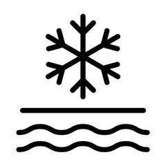A black and white drawing of a snowflake with a line of water underneath it. Concept of coldness and the idea of water freezing. Editable stroke.