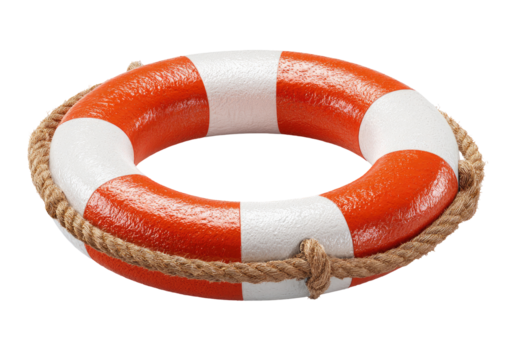 A classic orange and white life preserver, with a rope and knot