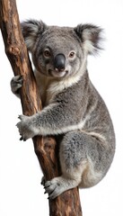 Obraz premium Koala sits on brown tree branch. Gray fur, black face. Front paws rest on branch, head tilted. Gray background highlights vibrant fur, cuddly marsupial. Australian wildlife, nature, exotic animal.