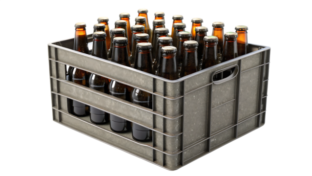 Beer crate plastic bottle packaging box 3D rendering isolated on white background PNG. AI GENERATED.