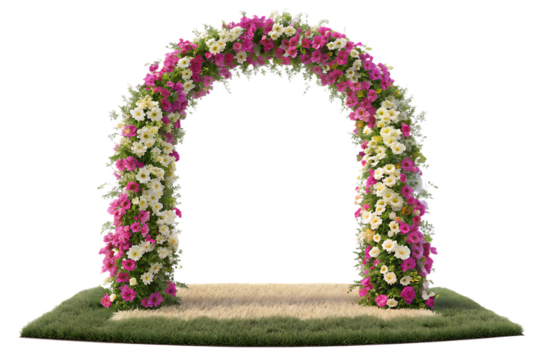 Floral arch with pink and white blossoms isolated on a transparent background