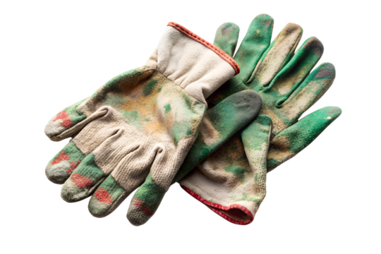 Pair of dirty work gloves isolated on transparent background for protection during manual labor and gardening
