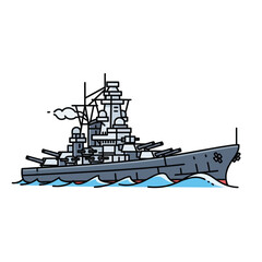 A detailed illustration of a large, grey battleship sailing on the ocean with smoke billowing from its smokestack.
