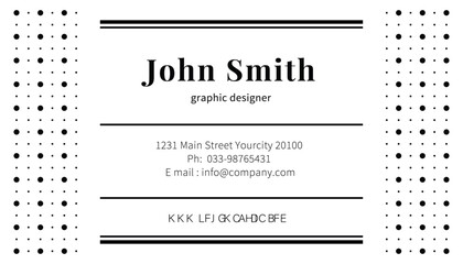 A minimalist business card features "John Smith" centered, with contact details below, flanked by dotted patterns, all in black and white, under bright, even light.
