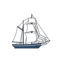 Side view of a sailing ship with detailed rigging and sails.