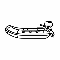 Simple line art illustration of an inflatable boat equipped with an outboard motor and oars, ready for water activities.