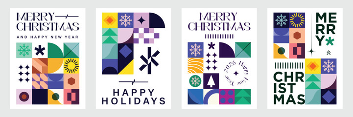 Merry Christmas Vibrant Abstract minimalist style Geometric Pattern with Modern Typography Colorful Festive and Snowflakes Holiday Greeting Background Poster Design