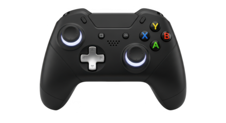 Black gaming controller with illuminated accents isolated on transparent background