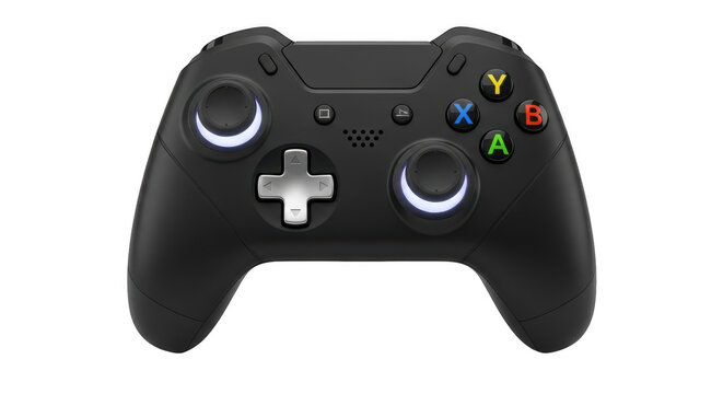 Black gaming controller with illuminated accents isolated on transparent background