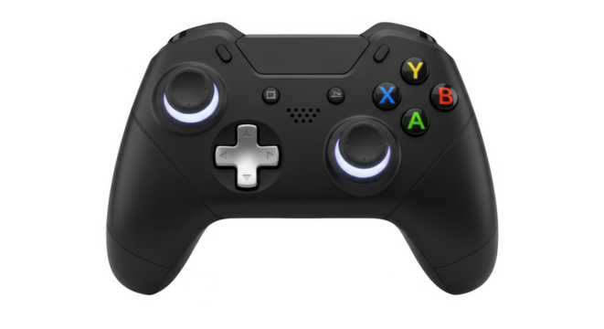 Black gaming controller with illuminated accents isolated on transparent background