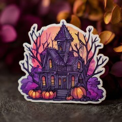A sticker of purple haunted house surrounded by trees and pumpkins, in a cartoon style